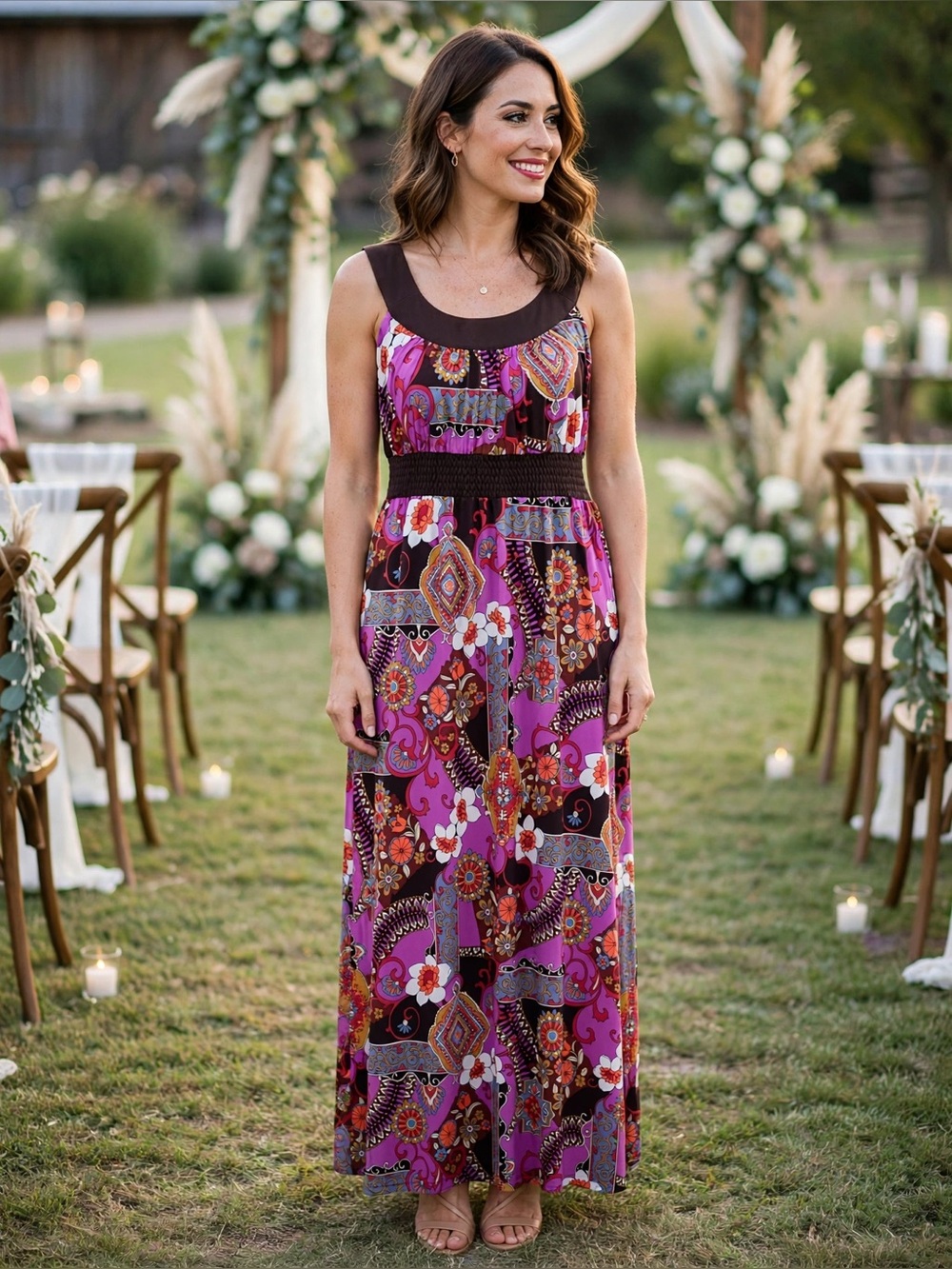 JohnPaulRichard Pink and Brown Paisley Floral Maxi Dress with Smocked Waist